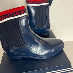 Nautica Nigel Waterproof Navy Blue Logo Sock Chelsea Ankle Rain Boots